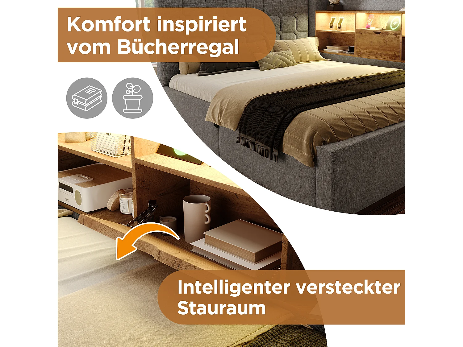 Lit coffre rembourré - 90 x 200 cm - avec Leds + rangement hydraulique + tête de lit L avec rangement - lin - gris(avec matelas)