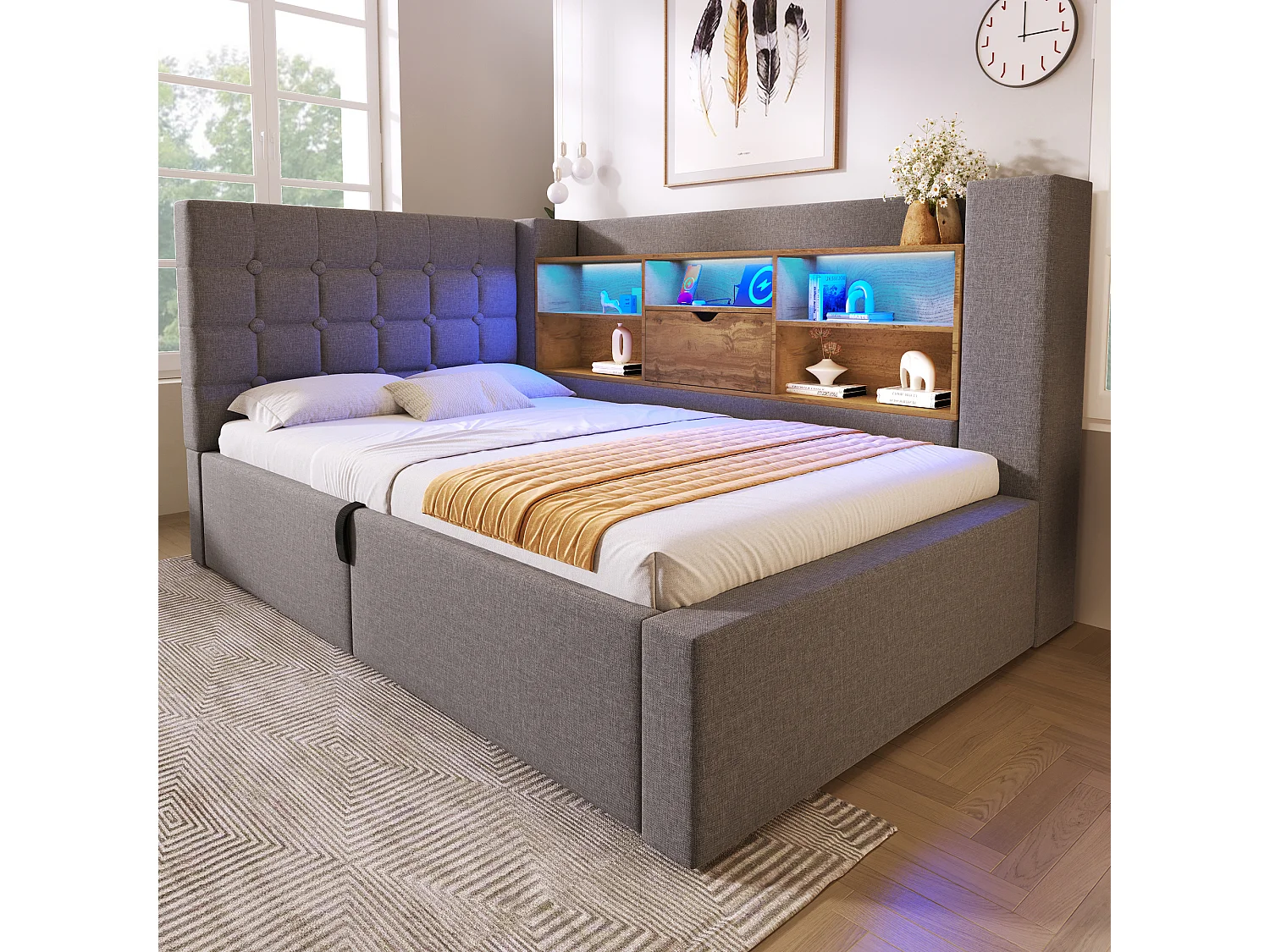Lit coffre rembourré - 90 x 200 cm - avec Leds + rangement hydraulique + tête de lit L avec rangement - lin - gris(avec matelas)
