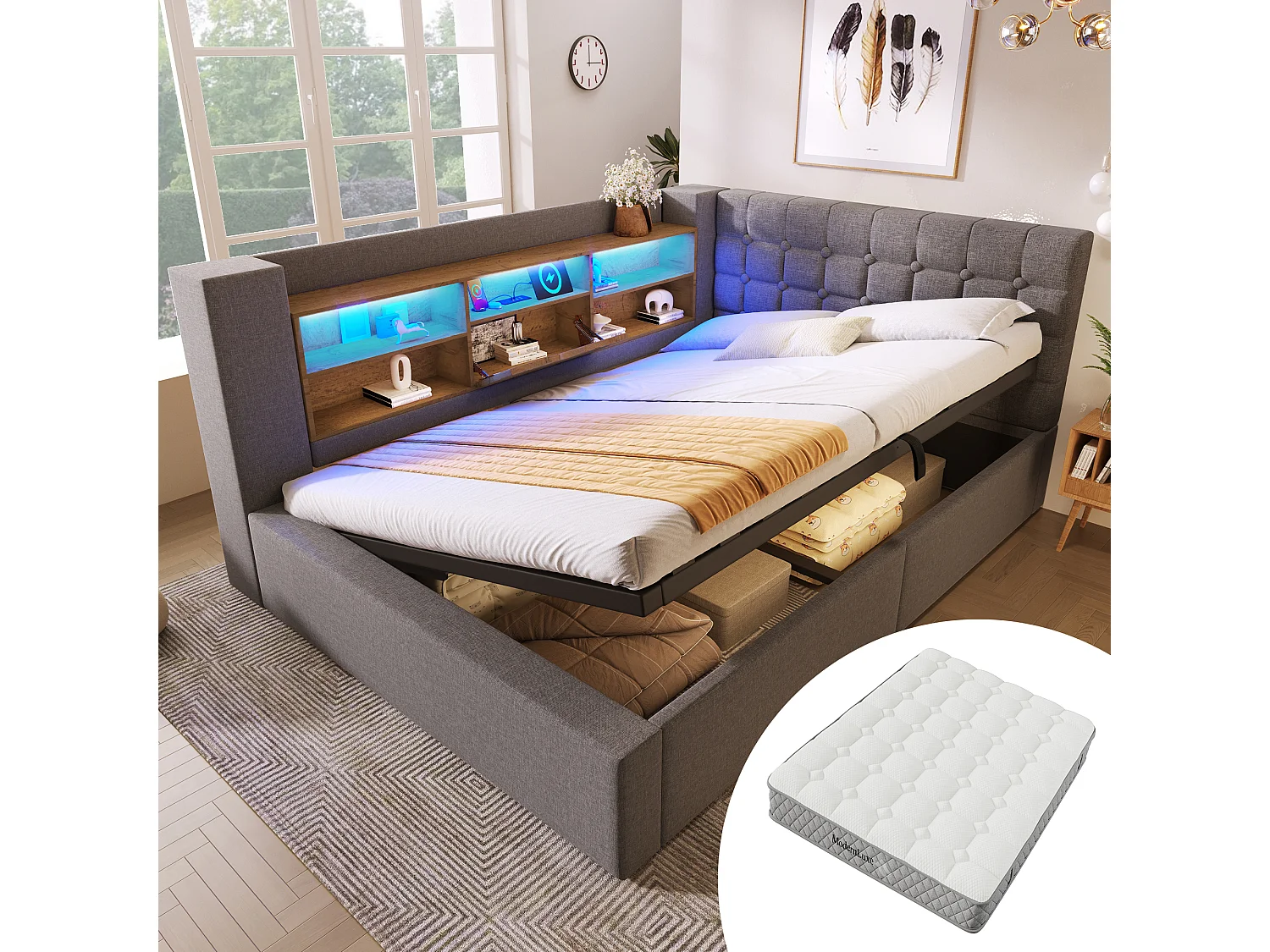 Gepolstertes Schlafsofa - 140 x 200 cm - mit LEDs + hydraulischem Stauraum + L-förmigem Kopfteil mit Stauraum - Leinen - grau (mit Matratze)