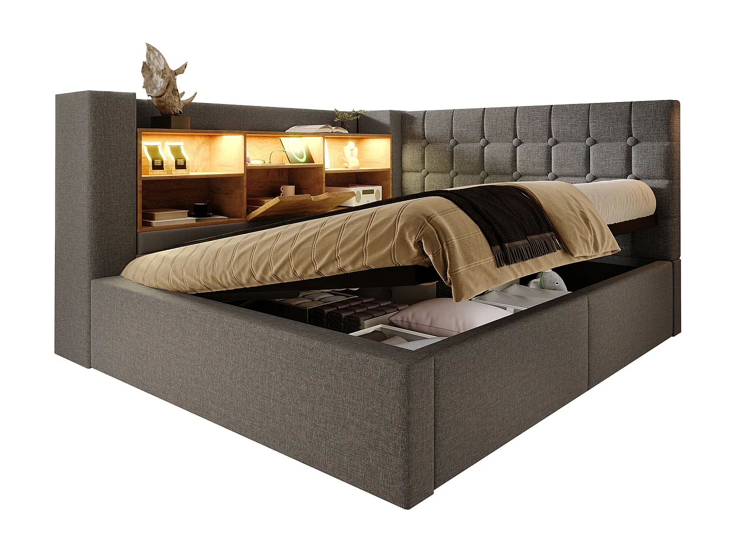 Gepolstertes Schlafsofa - 140 x 200 cm - mit LEDs + hydraulischem Stauraum + L-förmigem Kopfteil mit Stauraum - Leinen - grau (mit Matratze)