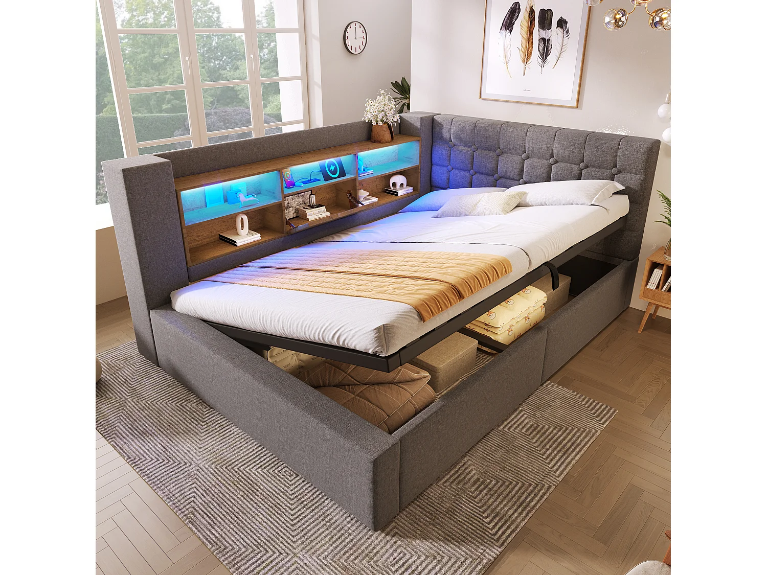 Lit coffre rembourré - 140 x 200 cm - avec Leds + rangement hydraulique + tête de lit L avec rangement - lin - gris