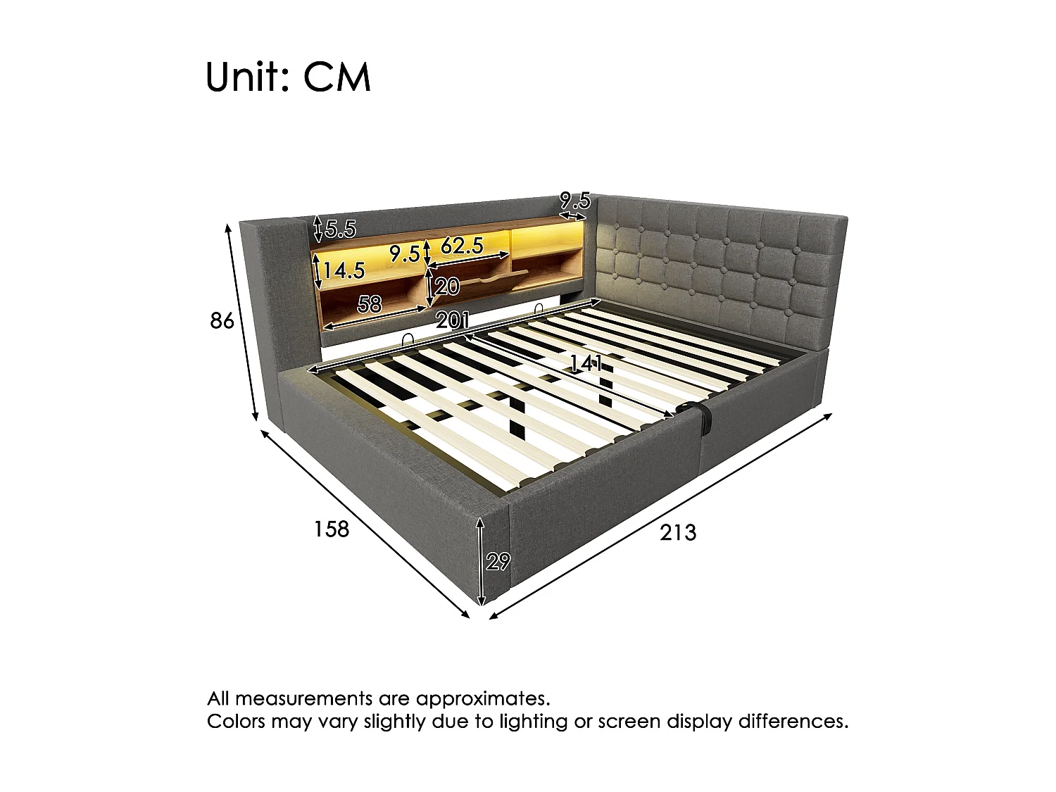 Lit coffre rembourré - 140 x 200 cm - avec Leds + rangement hydraulique + tête de lit L avec rangement - lin - gris