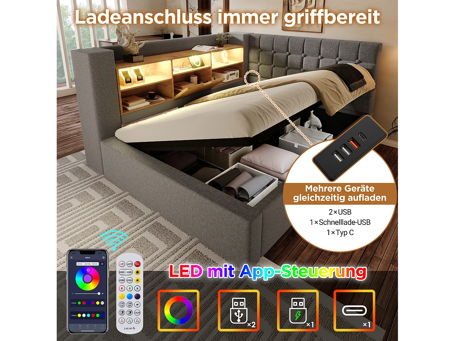 Lit coffre rembourré - 140 x 200 cm - avec Leds + rangement hydraulique + tête de lit L avec rangement - lin - gris