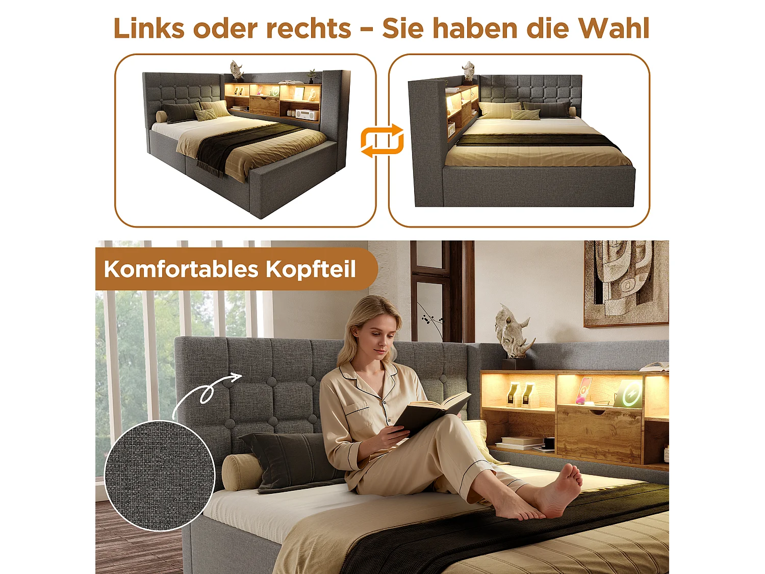 Lit coffre rembourré - 140 x 200 cm - avec Leds + rangement hydraulique + tête de lit L avec rangement - lin - gris