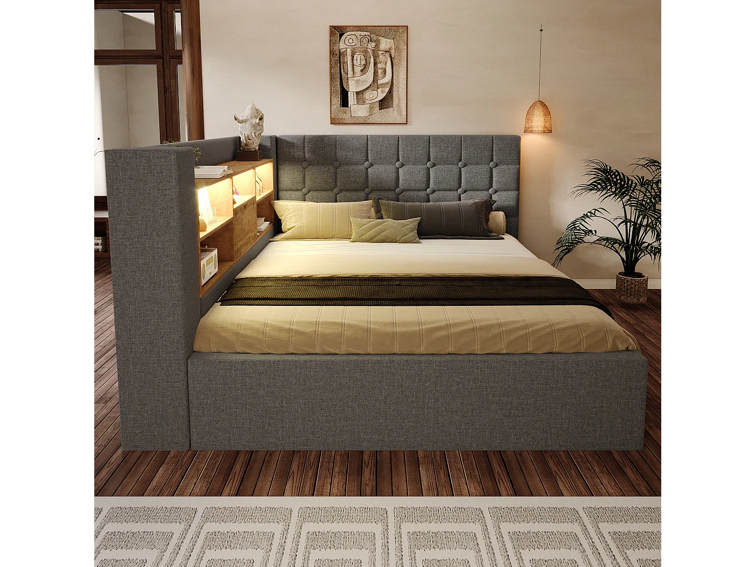 Lit coffre rembourré - 140 x 200 cm - avec Leds + rangement hydraulique + tête de lit L avec rangement - lin - gris