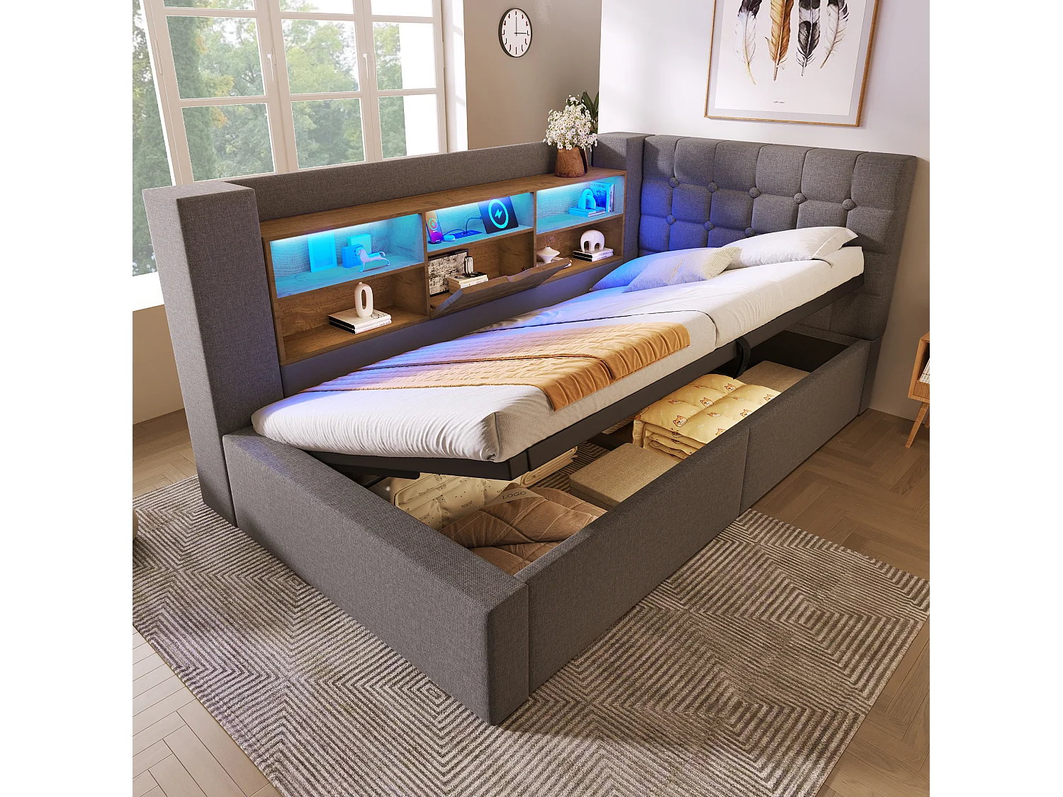 Lit coffre rembourré - 90 x 200 cm - avec Leds + rangement hydraulique + tête de lit L avec rangement - lin - gris