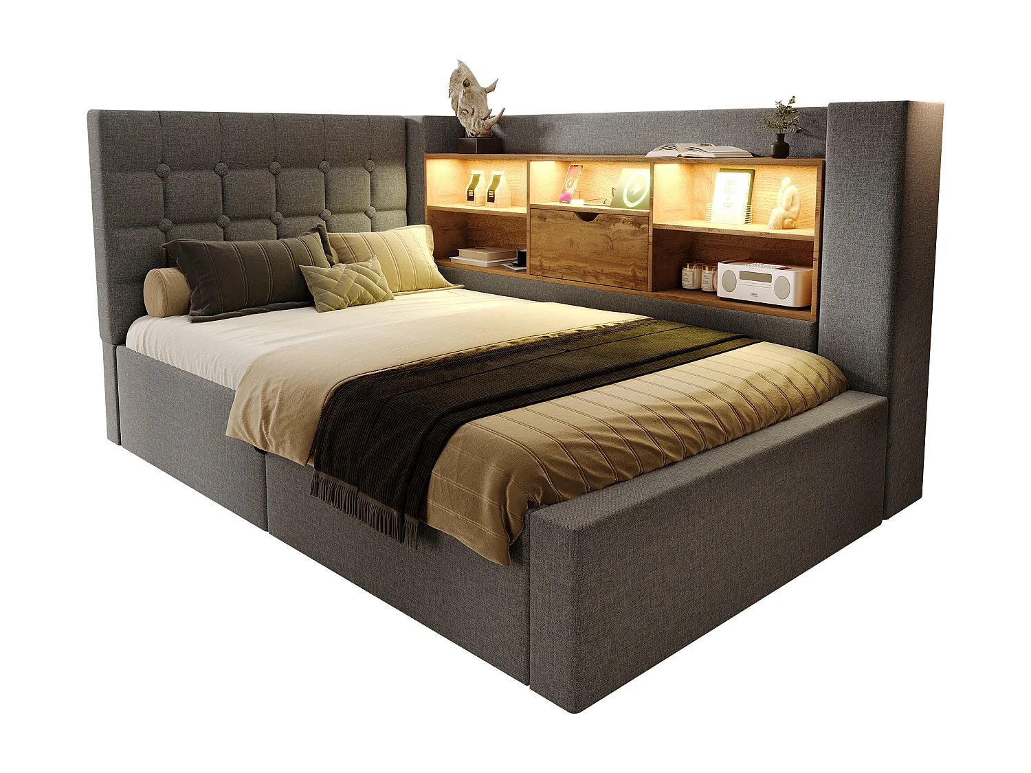 Lit coffre rembourré - 90 x 200 cm - avec Leds + rangement hydraulique + tête de lit L avec rangement - lin - gris