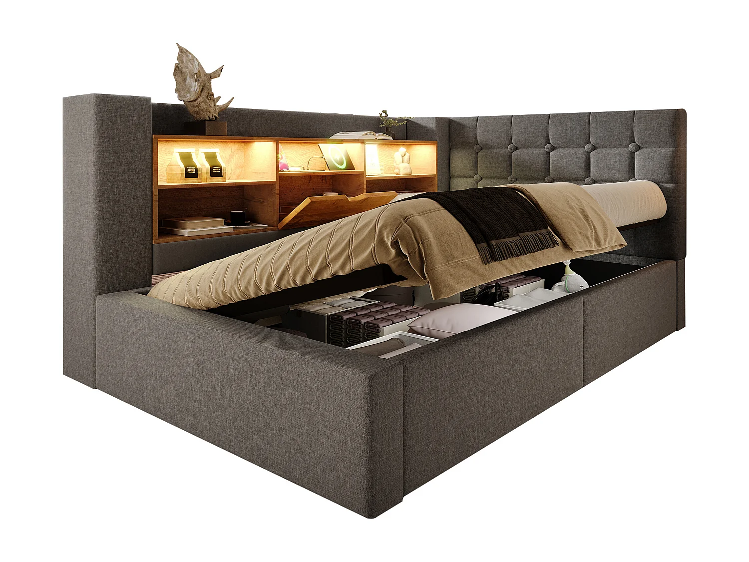 Lit coffre rembourré - 90 x 200 cm - avec Leds + rangement hydraulique + tête de lit L avec rangement - lin - gris