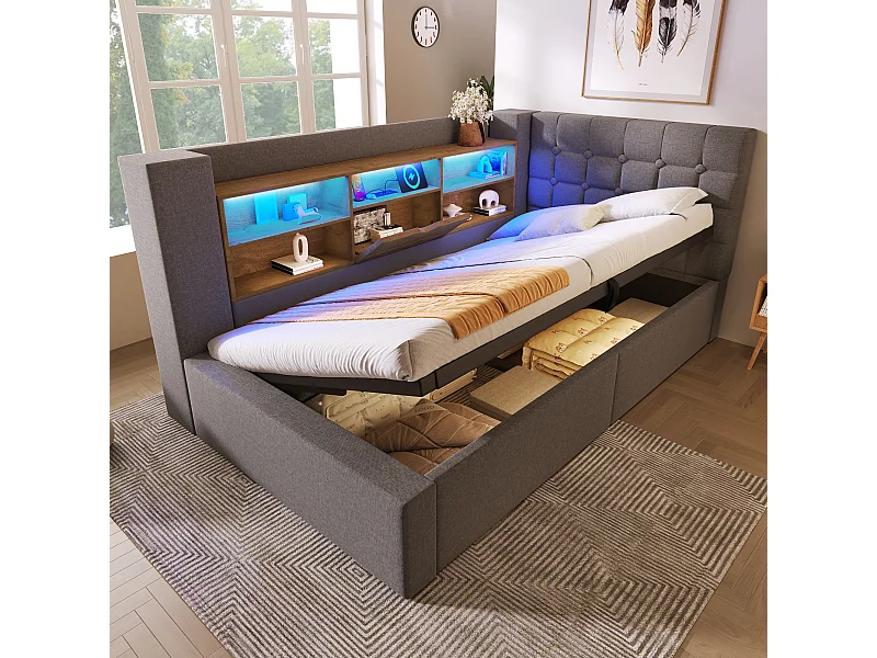 Lit coffre rembourré - 90 x 200 cm - avec Leds + rangement hydraulique + tête de lit L avec rangement - lin - gris