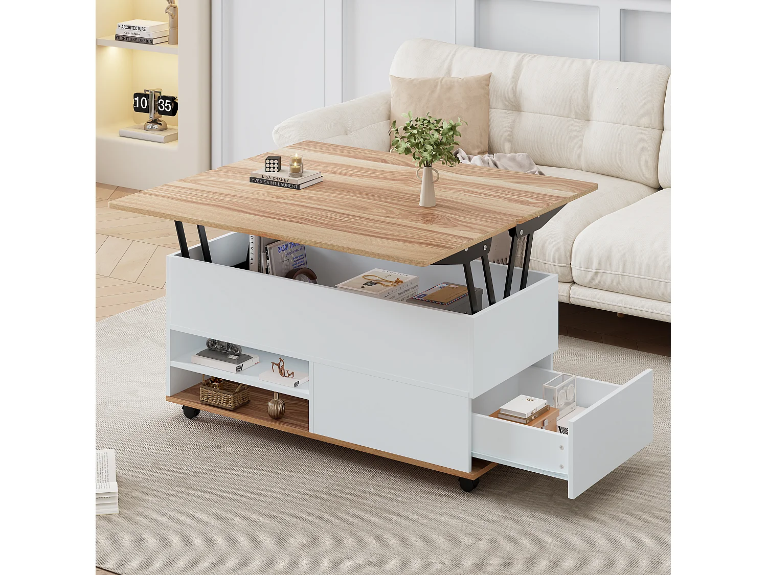 Table basse relevable à roulettes - 100 x 98 x 65 cm - avec rangement + étagère + tiroirs - aggloméré - blanc + naturel