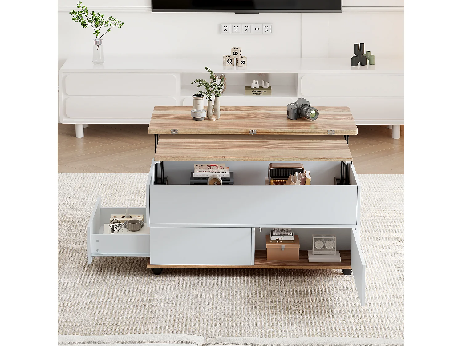 Table basse relevable à roulettes - 100 x 98 x 65 cm - avec rangement + étagère + tiroirs - aggloméré - blanc + naturel