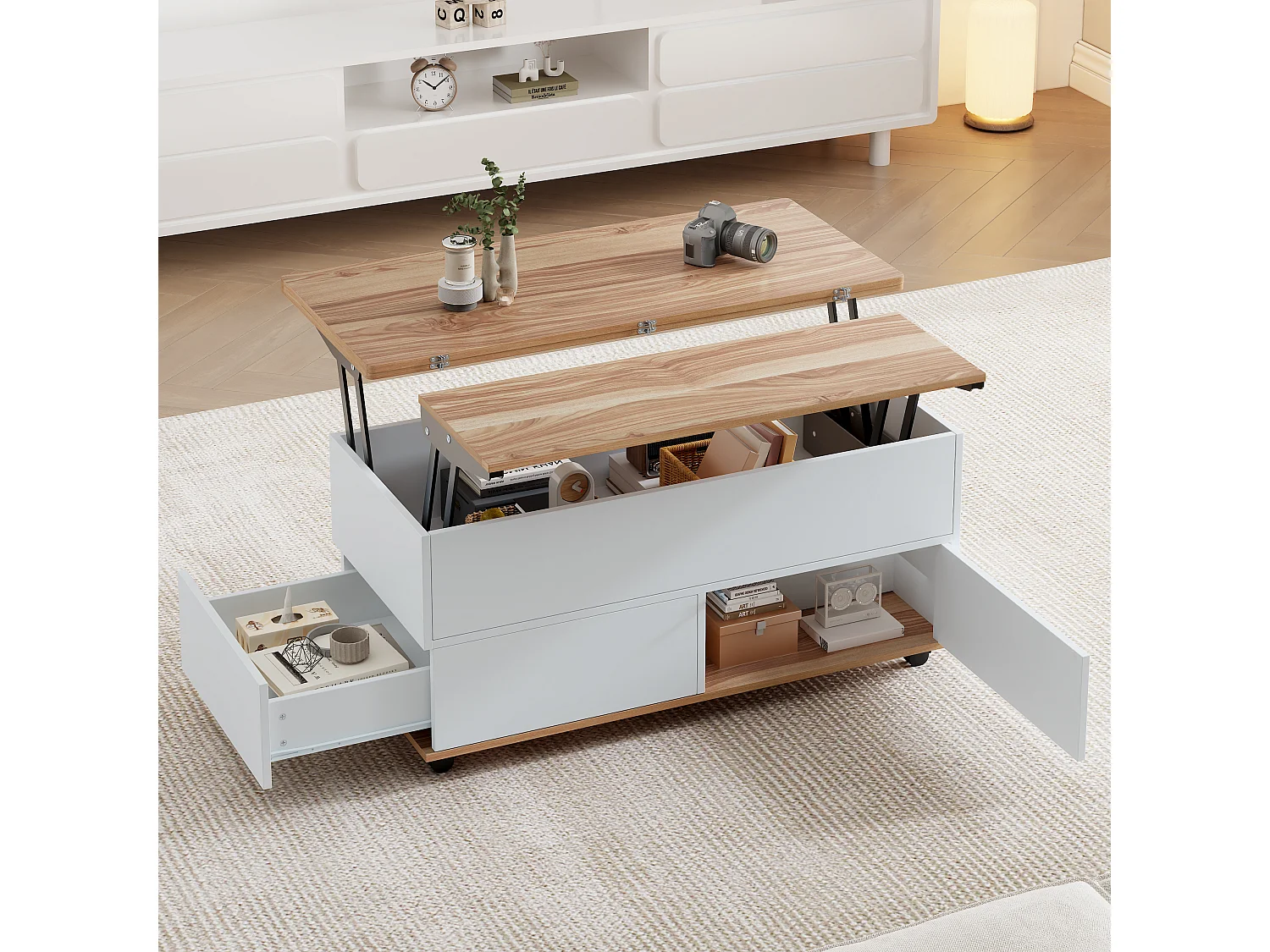 Table basse relevable à roulettes - 100 x 98 x 65 cm - avec rangement + étagère + tiroirs - aggloméré - blanc + naturel