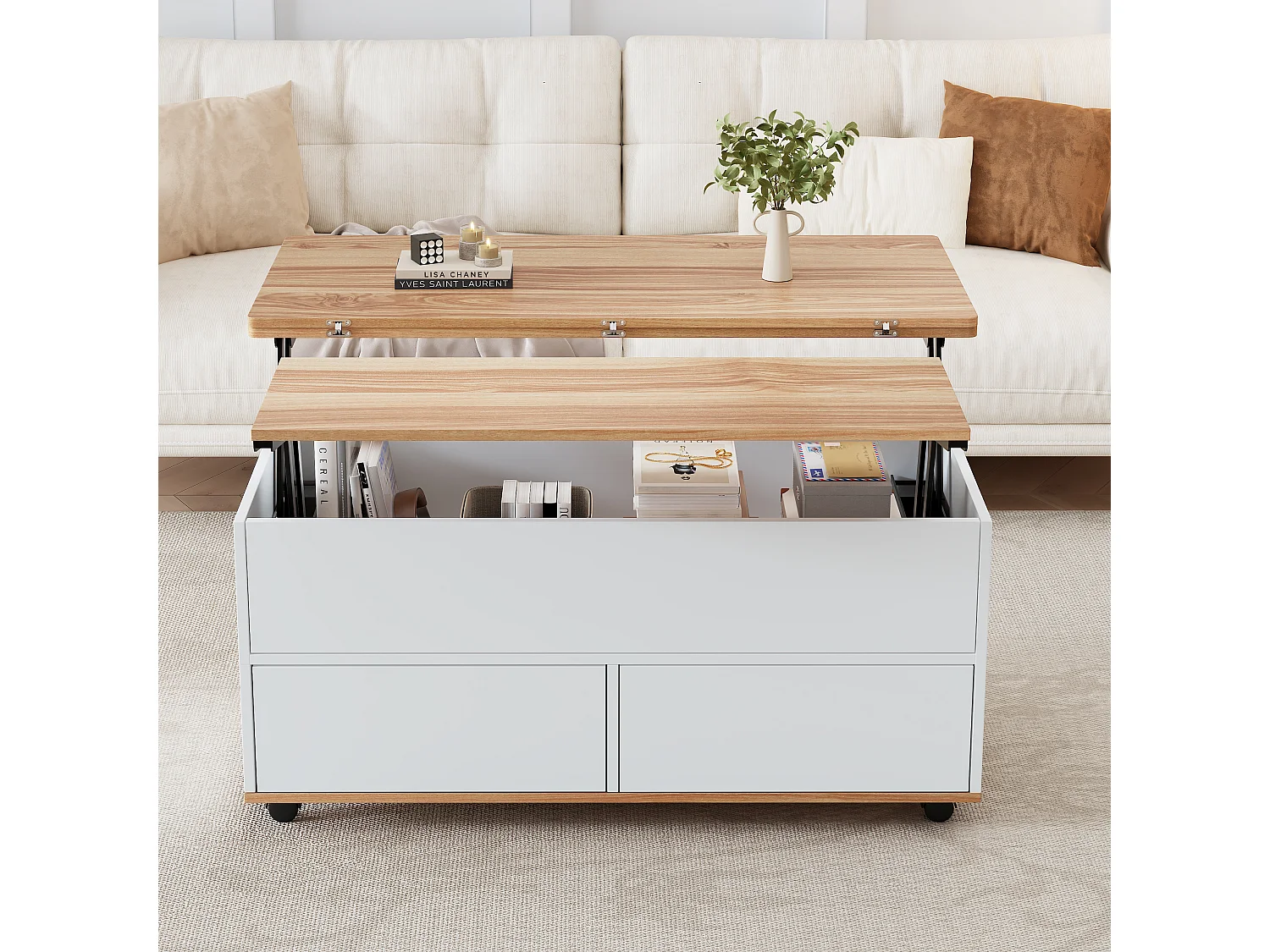 Table basse relevable à roulettes - 100 x 98 x 65 cm - avec rangement + étagère + tiroirs - aggloméré - blanc + naturel
