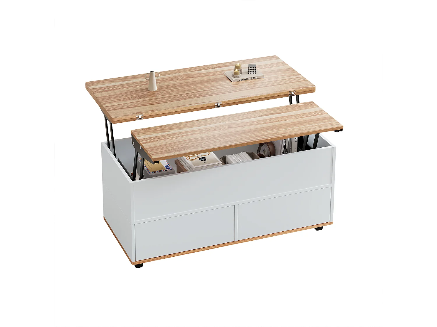 Table basse relevable à roulettes - 100 x 98 x 65 cm - avec rangement + étagère + tiroirs - aggloméré - blanc + naturel