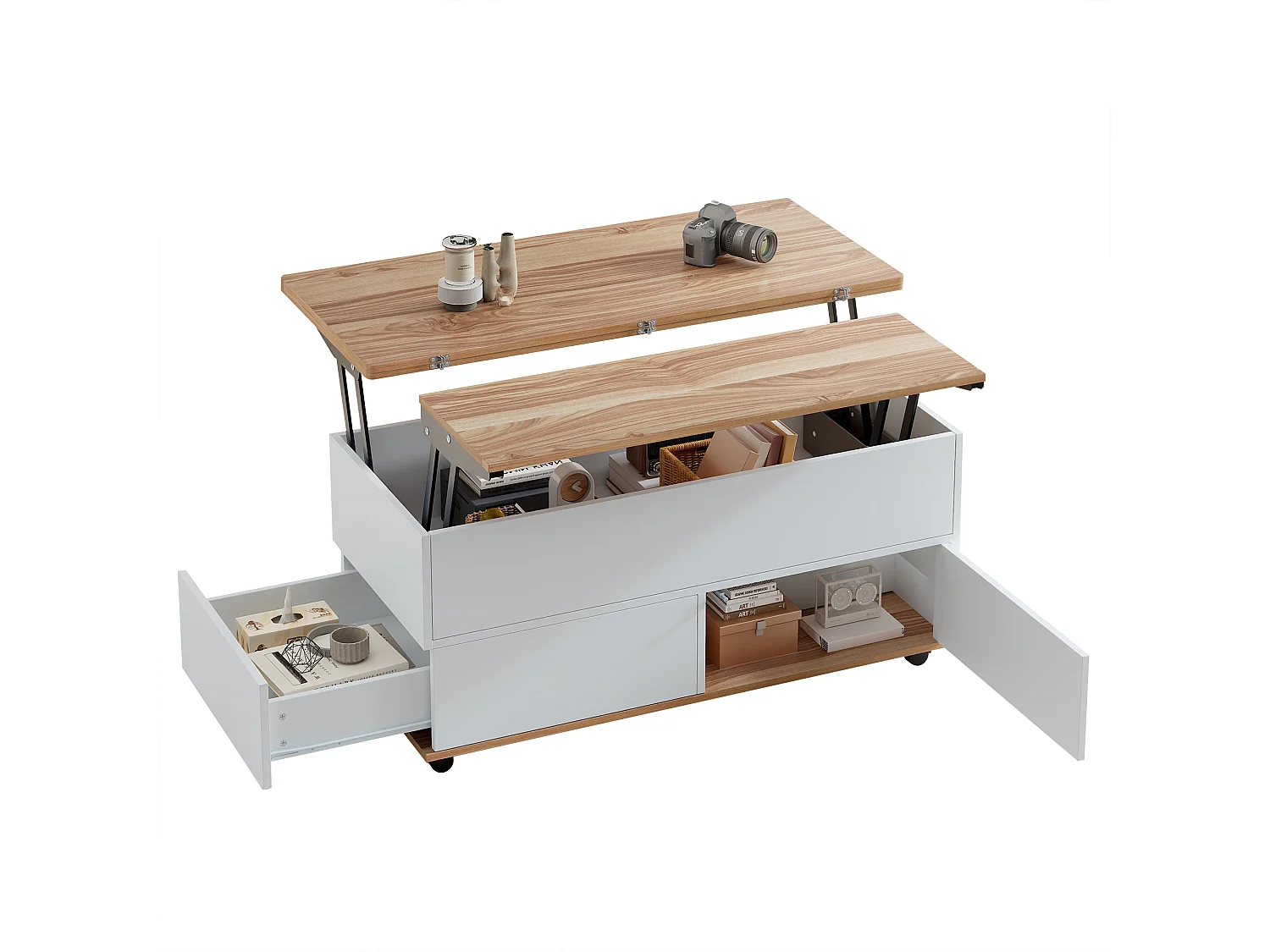 Table basse relevable à roulettes - 100 x 98 x 65 cm - avec rangement + étagère + tiroirs - aggloméré - blanc + naturel