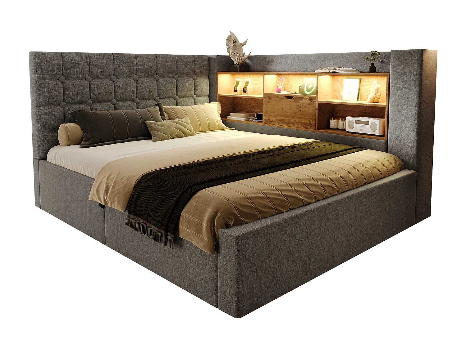 Lit coffre rembourré - 140 x 190 cm - avec Leds + rangement hydraulique + tête de lit L avec rangement - lin - gris