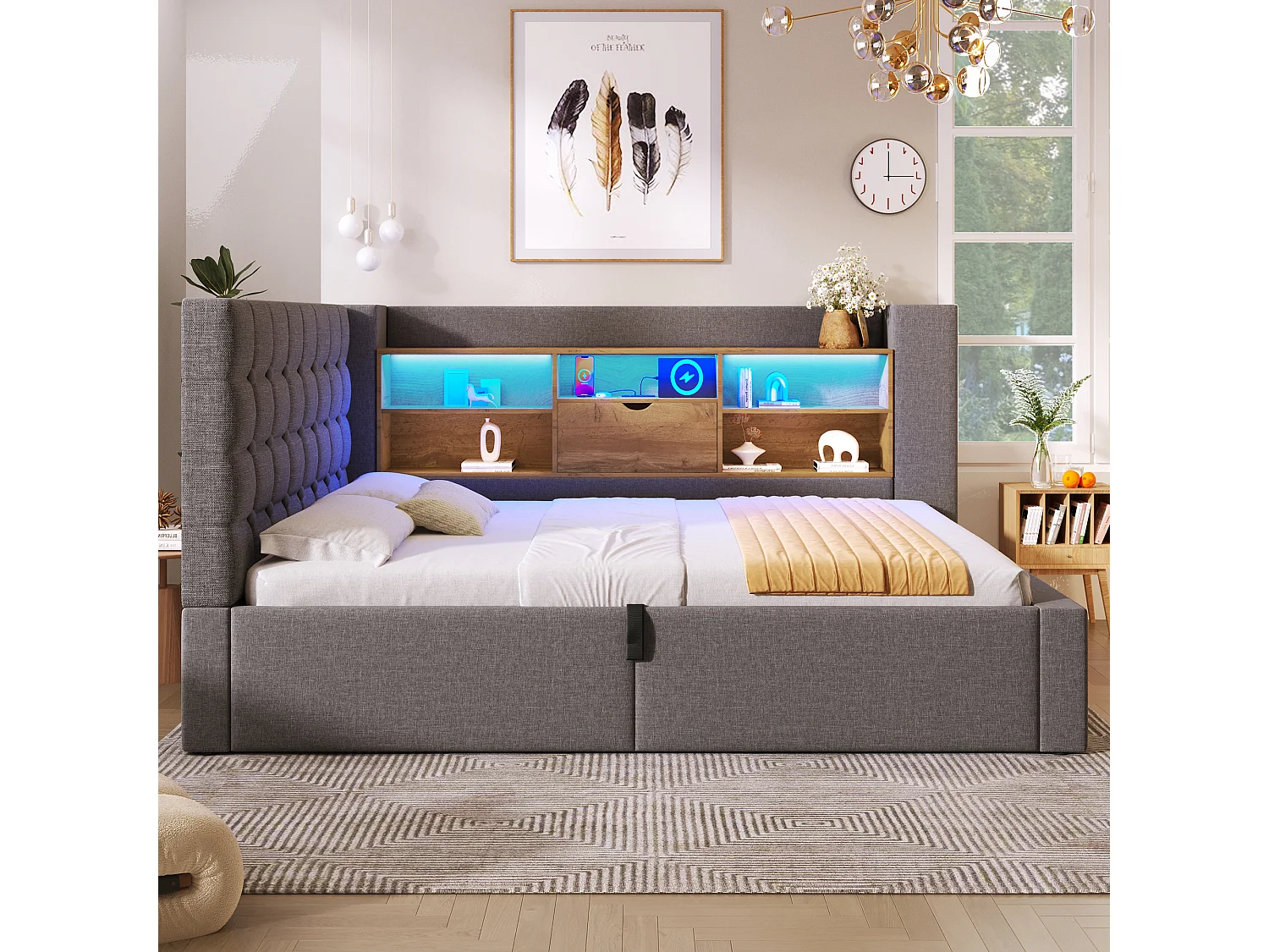 Lit coffre rembourré - 90 x 190 cm - avec Leds + rangement hydraulique + tête de lit L avec rangement - lin - gris