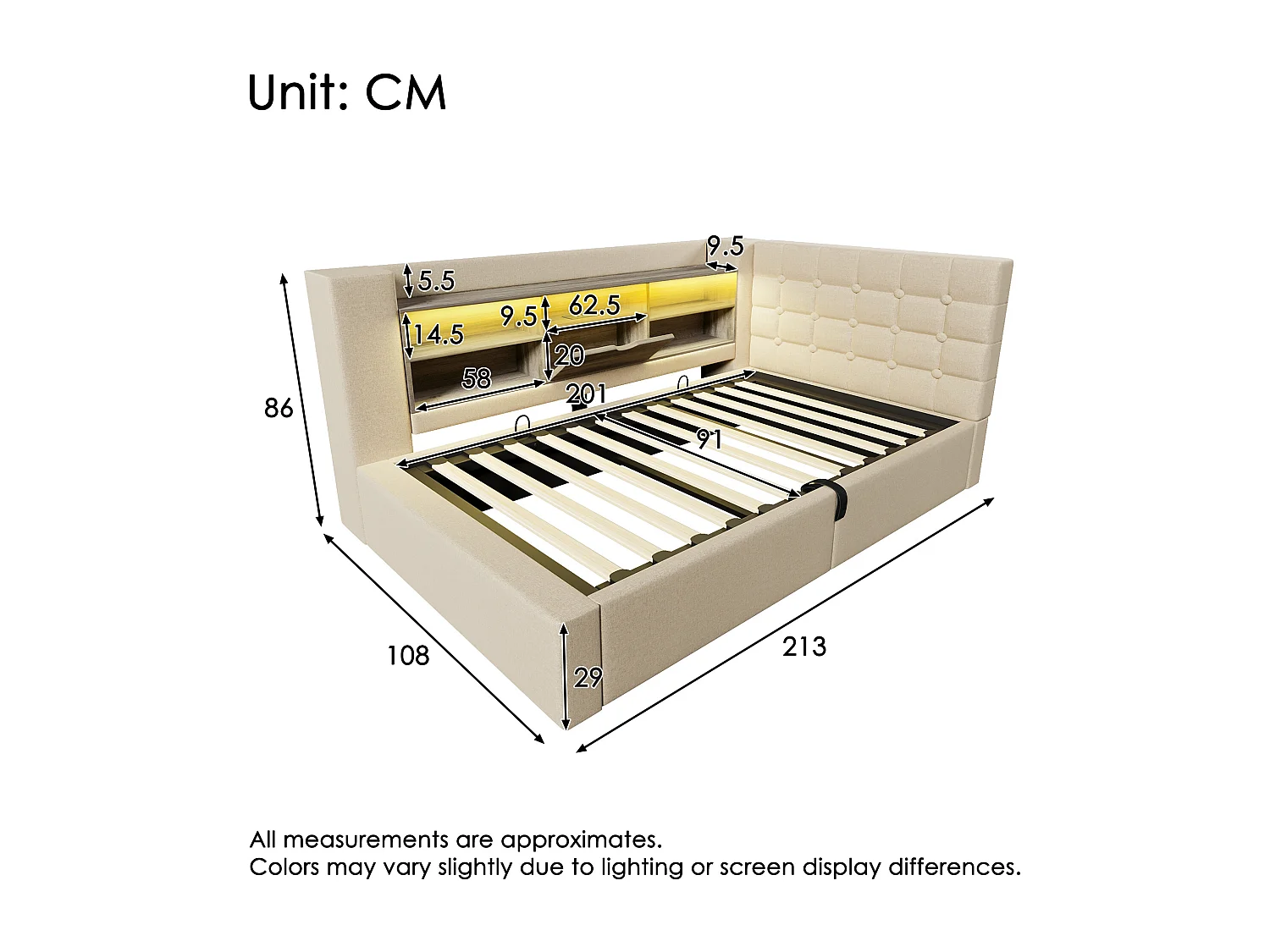 Lit coffre rembourré - 90 x 200 cm - avec Leds + rangement hydraulique + tête de lit L avec rangement - lin - beige