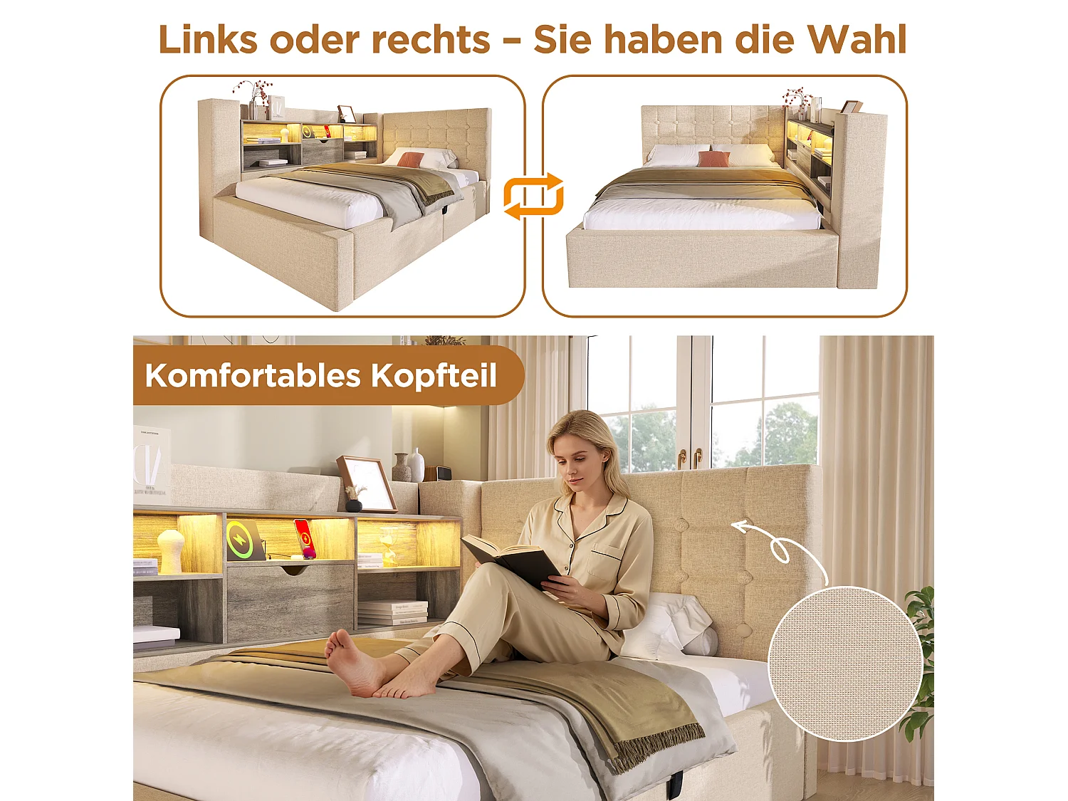 Lit coffre rembourré - 90 x 200 cm - avec Leds + rangement hydraulique + tête de lit L avec rangement - lin - beige