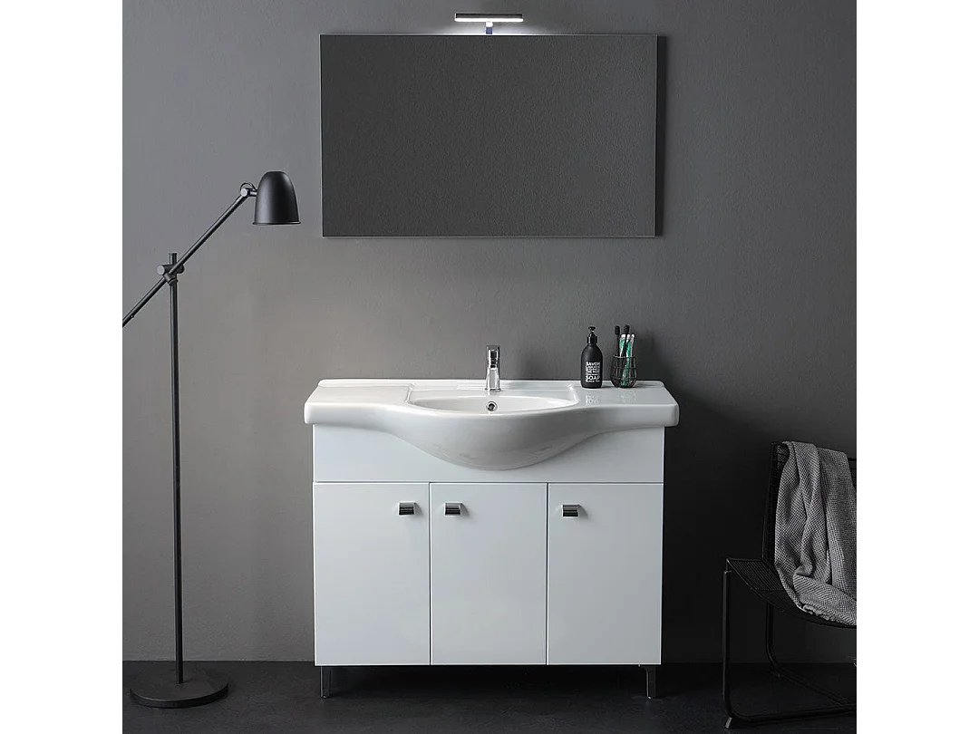 Armoire De Salle De Bain Blanche Polie De 105 Cm, Miroir 100X60 Et Lampe | Smeraldo