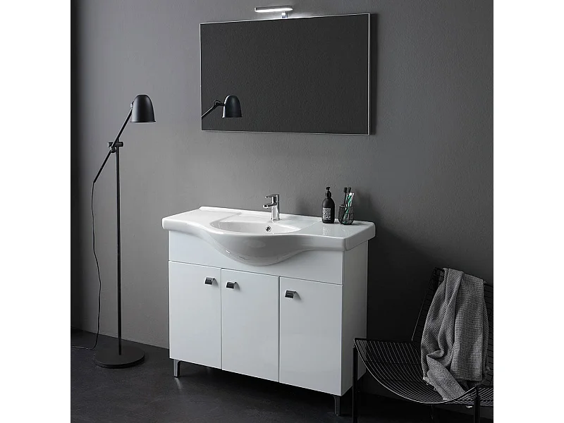 Armoire De Salle De Bain Blanche Polie De 105 Cm, Miroir 100X60 Et Lampe | Smeraldo
