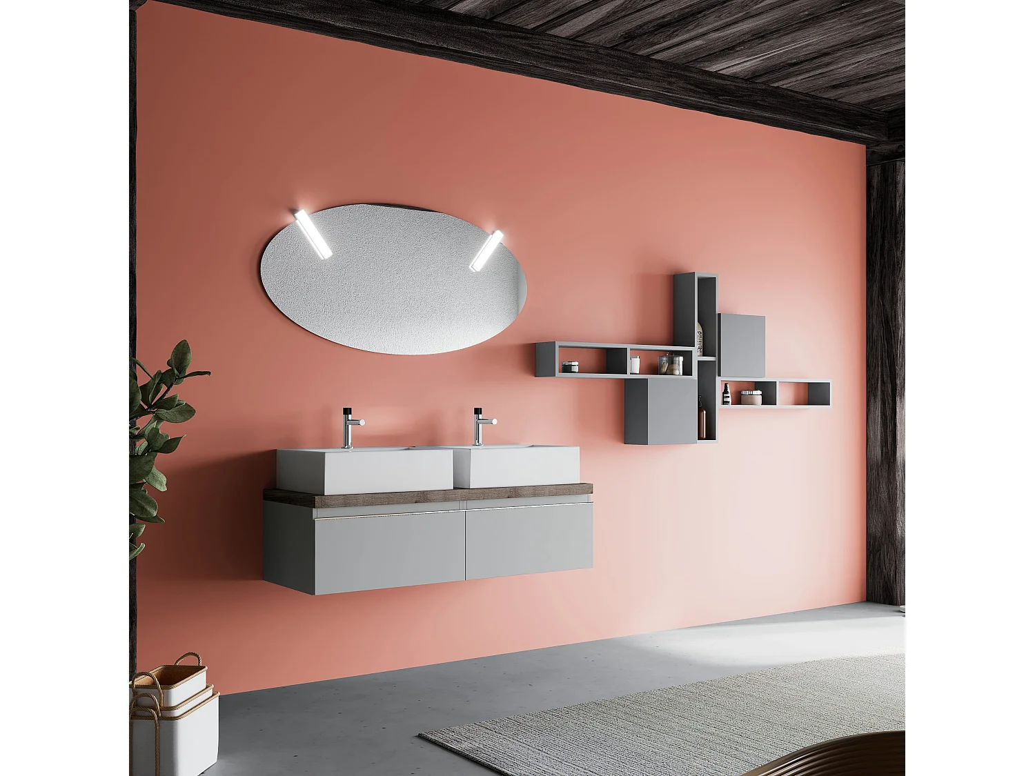 Armoire De Toilette Gris Perle Double Vasque 120Cm Miroir Ovale | Lagos