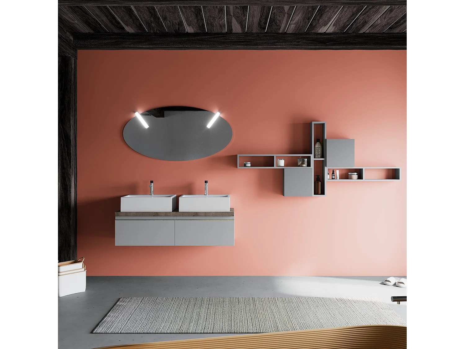 Armoire De Toilette Gris Perle Double Vasque 120Cm Miroir Ovale | Lagos