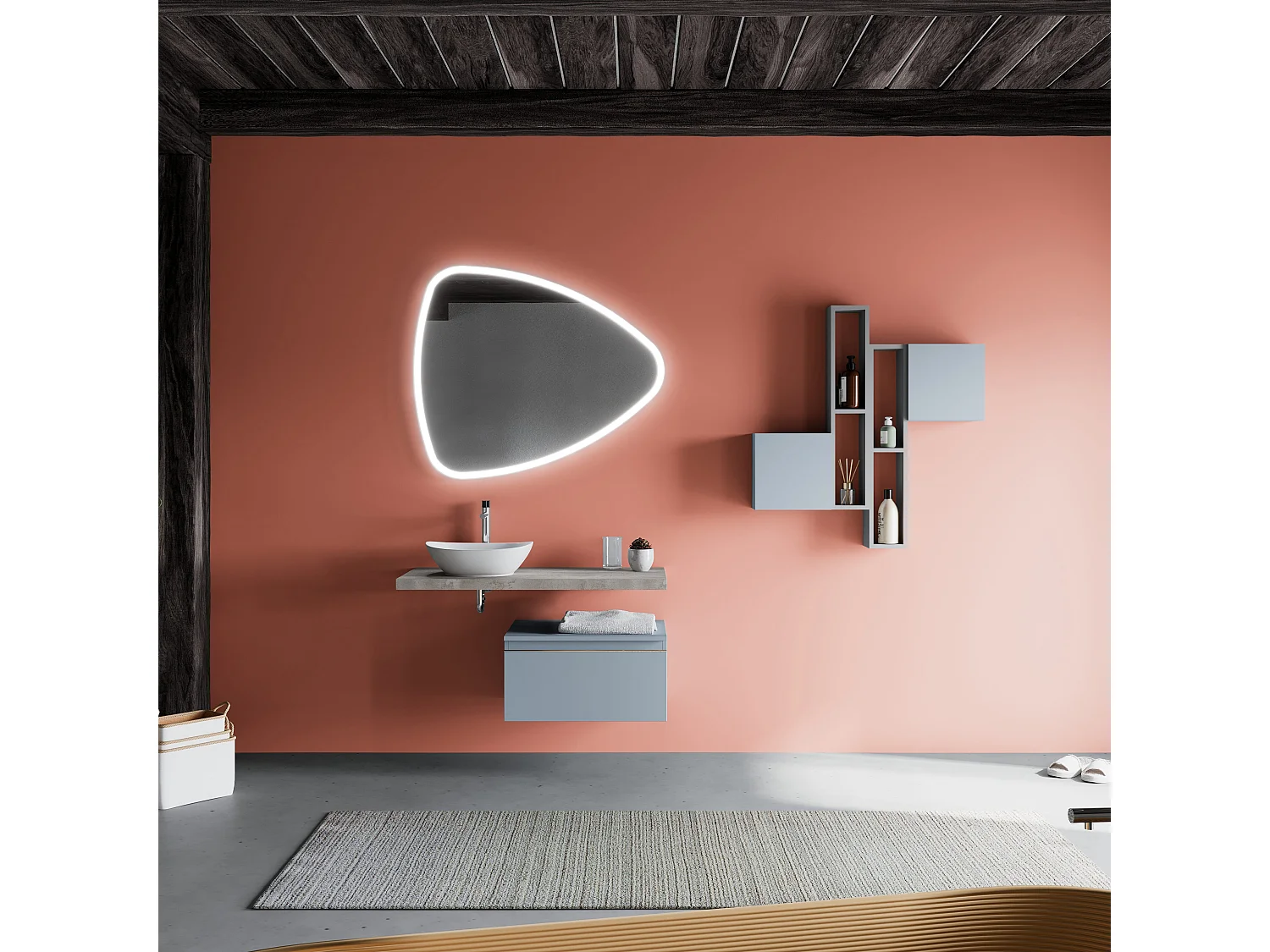 Beton Top 100Cm Lavabo À Poser Avec Tiroir Bleu 60Cm Miroir Led | Lagos