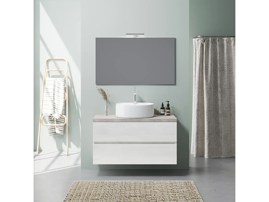 Meuble Sous Vasque 100Cm Chêne Blanc Et Beton, Vasque À Poser | Elba