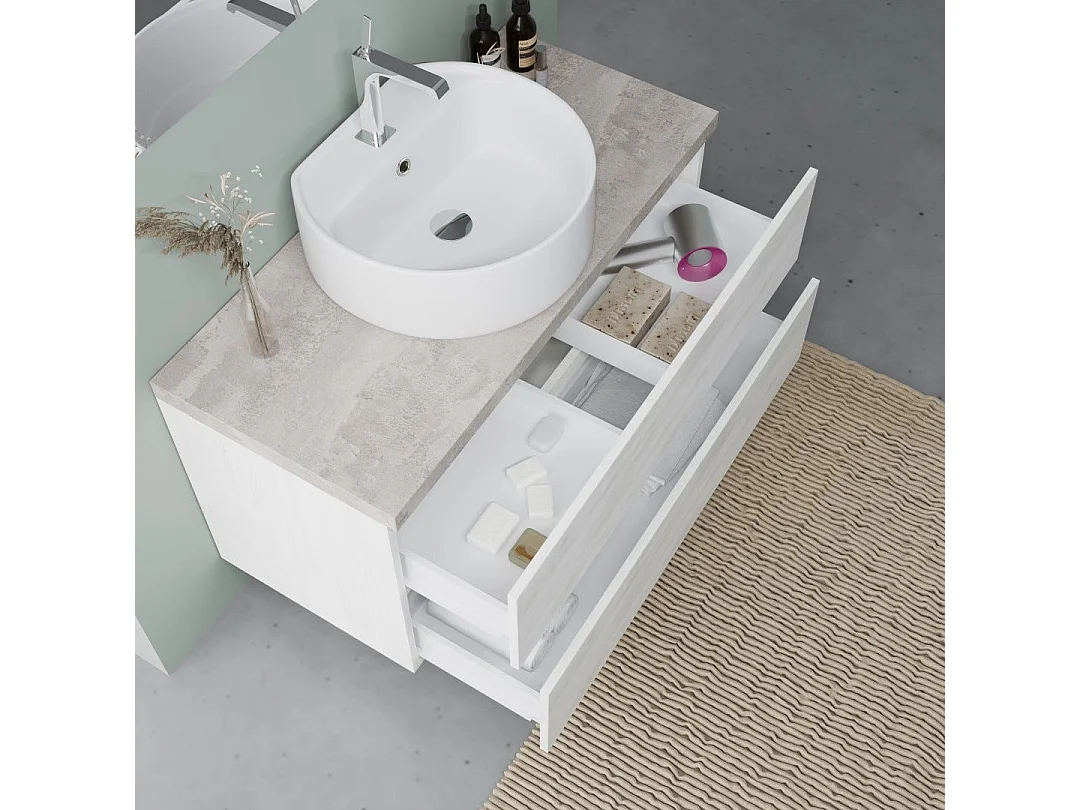 Meuble Sous Vasque 100Cm Chêne Blanc Et Beton, Vasque À Poser | Elba