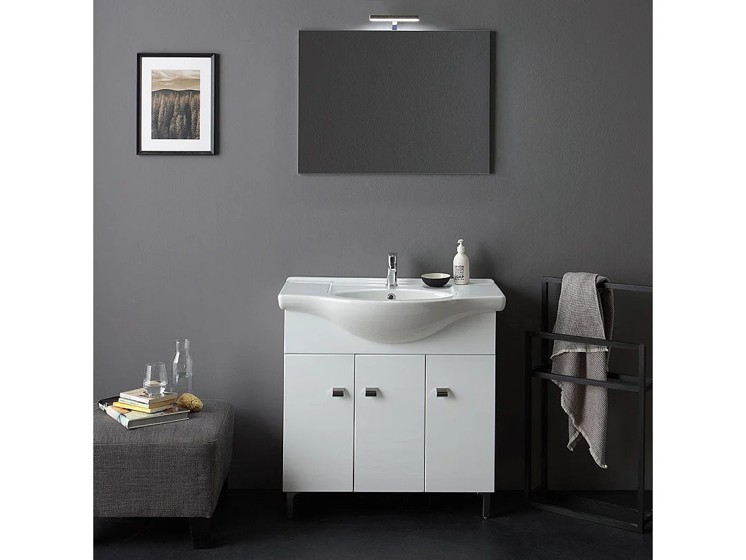 Meuble De Salle De Bains Sur Pied Blanc Poli 85 Cm 3 Portes | Smeraldo