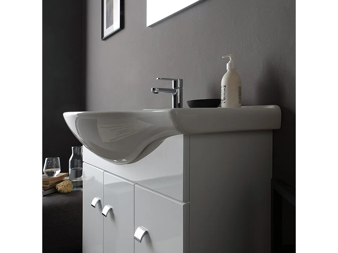 Meuble De Salle De Bains Sur Pied Blanc Poli 85 Cm 3 Portes | Smeraldo