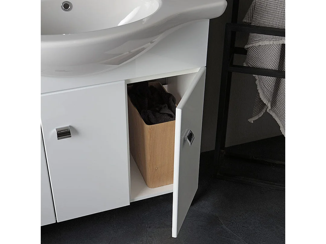 Meuble De Salle De Bains Sur Pied Blanc Poli 85 Cm 3 Portes | Smeraldo