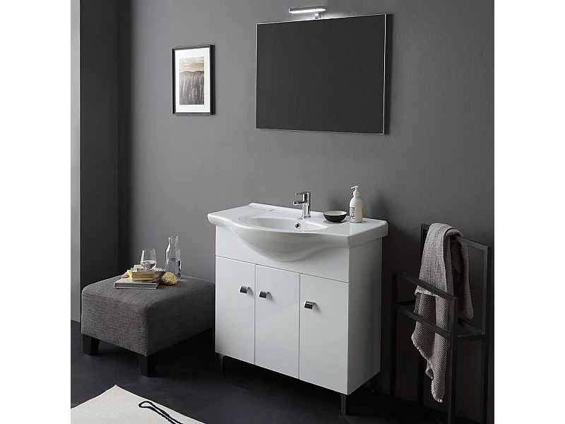 Meuble De Salle De Bains Sur Pied Blanc Poli 85 Cm 3 Portes | Smeraldo