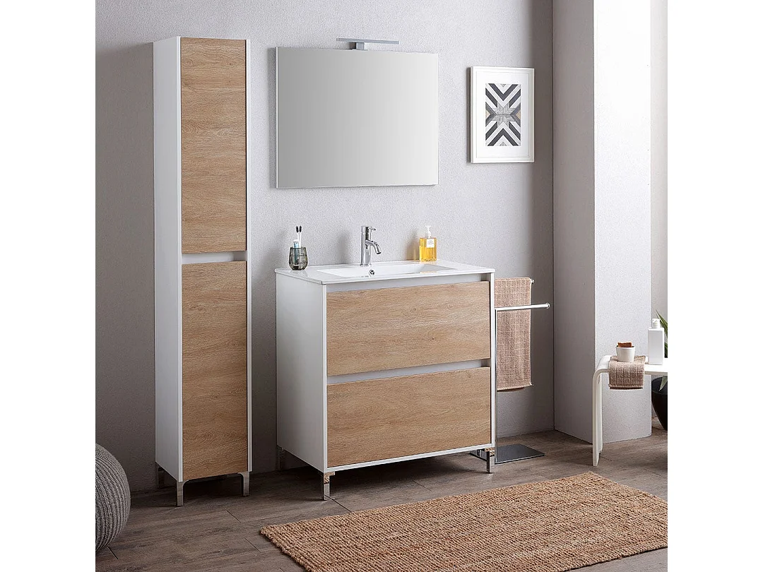 Meuble De Salle De Bains Sur Pied Avec Lavabo De 60 Cm Blanc Et Chêne | Laguna