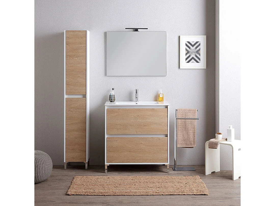 Meuble De Salle De Bains Sur Pied Avec Lavabo De 60 Cm Blanc Et Chêne | Laguna