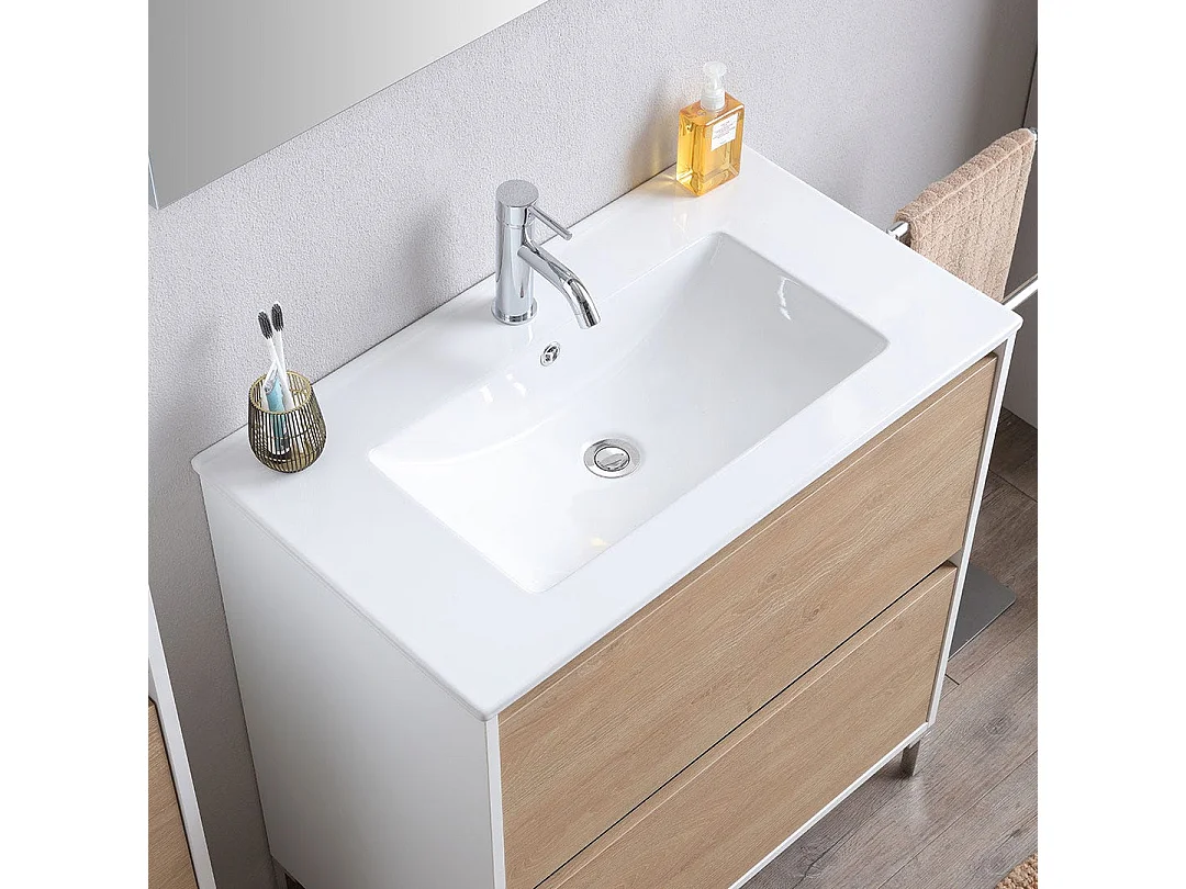 Meuble De Salle De Bains Sur Pied Avec Lavabo De 60 Cm Blanc Et Chêne | Laguna