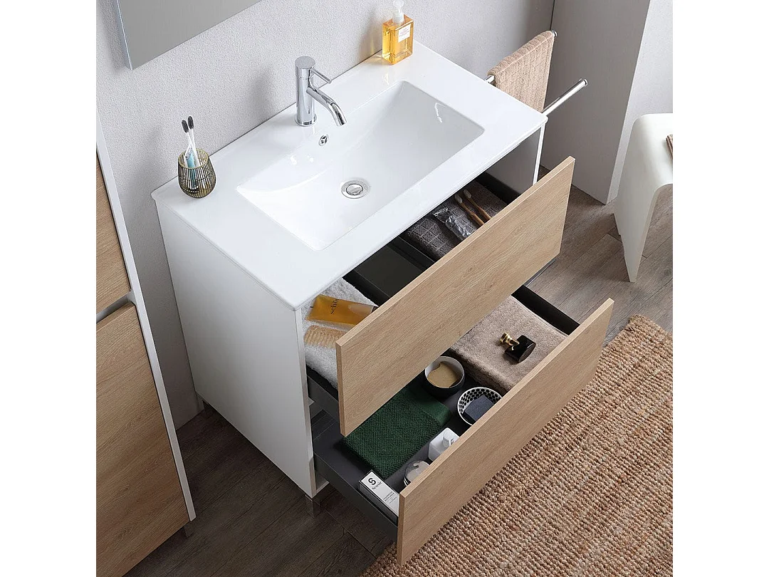 Meuble De Salle De Bains Sur Pied Avec Lavabo De 60 Cm Blanc Et Chêne | Laguna