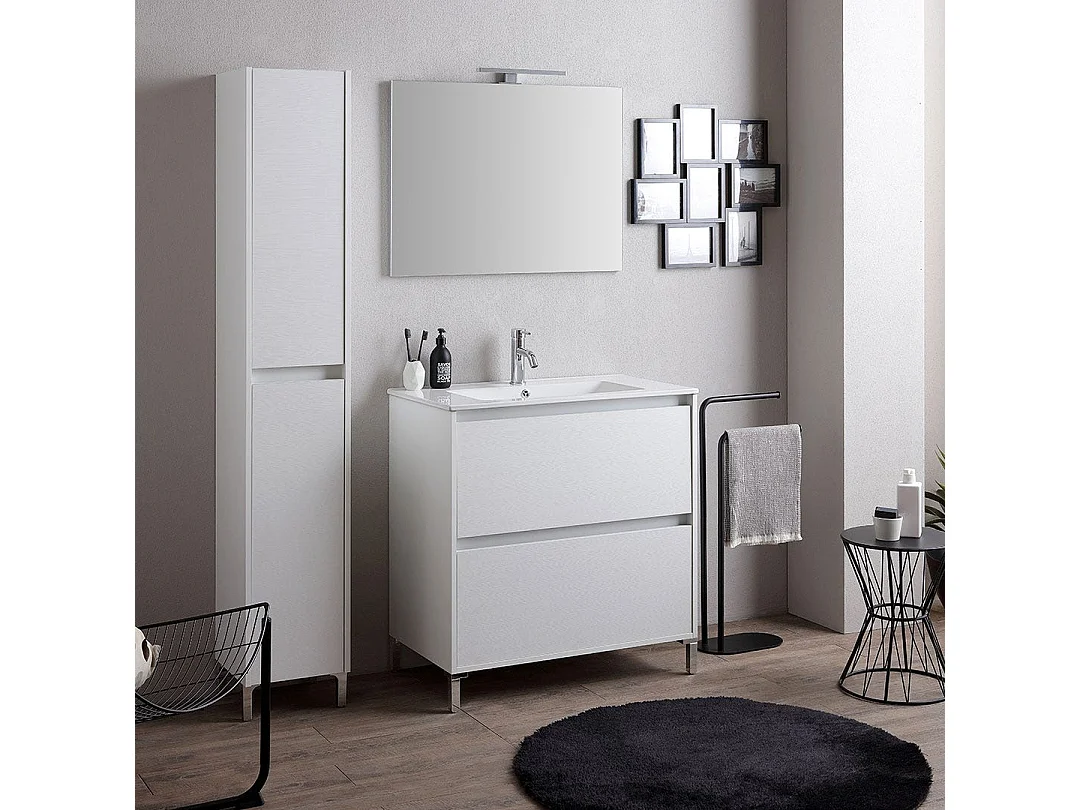 Meuble De Salle De Bains Au Sol 60 Cm Blanc Avec Façade En Chêne Blanc, Lavabo Et Miroir | Laguna