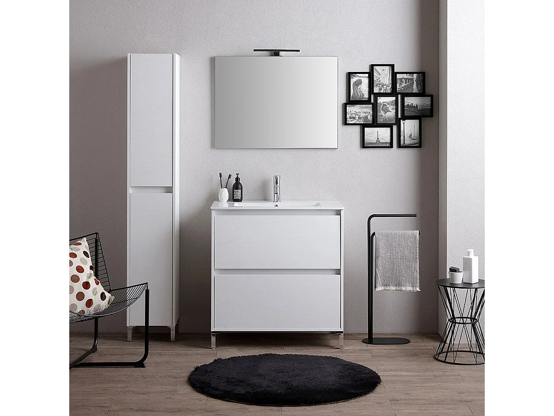 Meuble De Salle De Bains Au Sol 60 Cm Blanc Avec Façade En Chêne Blanc, Lavabo Et Miroir | Laguna