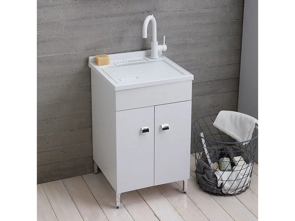 Lavoir De Buanderie 50X50 Cm Avec Meuble Blanc Et Planche Incluse