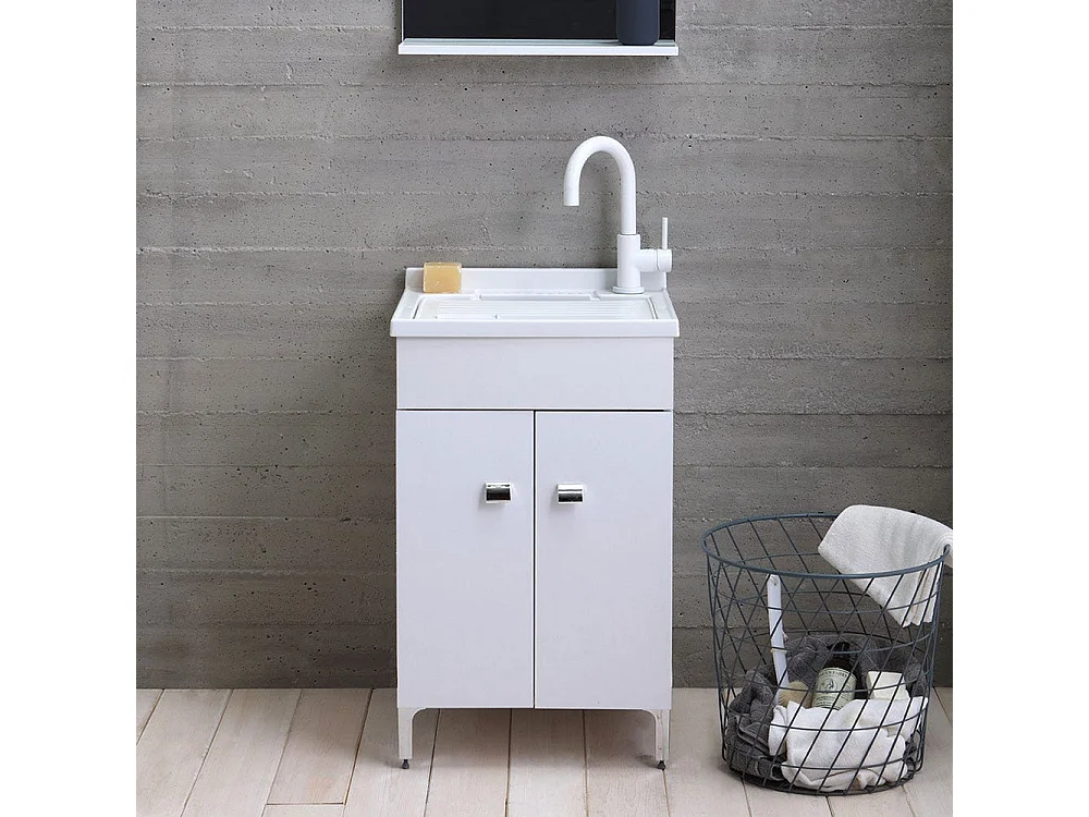 Lavoir De Buanderie 50X50 Cm Avec Meuble Blanc Et Planche Incluse