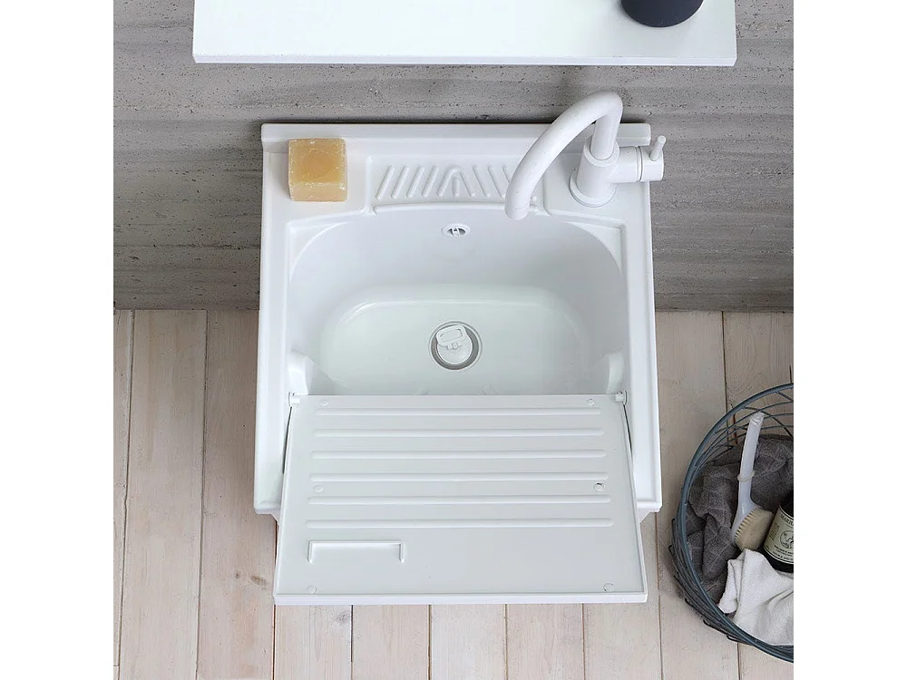 Lavoir De Buanderie 50X50 Cm Avec Meuble Blanc Et Planche Incluse