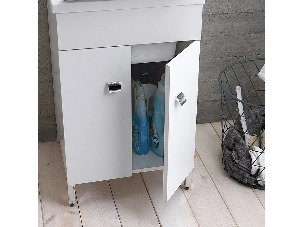 Lavoir De Buanderie 50X50 Cm Avec Meuble Blanc Et Planche Incluse