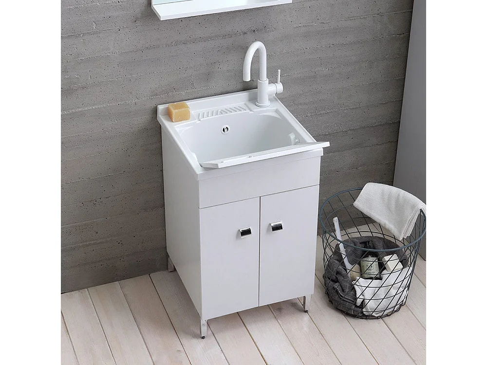 Lavoir De Buanderie 50X50 Cm Avec Meuble Blanc Et Planche Incluse