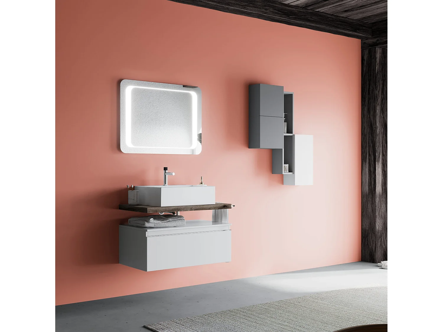 Armoire De Toilette Suspendue 80Cm Tiroir Blanc, Plan En Chêne Fossile, Lavabo | Lagos