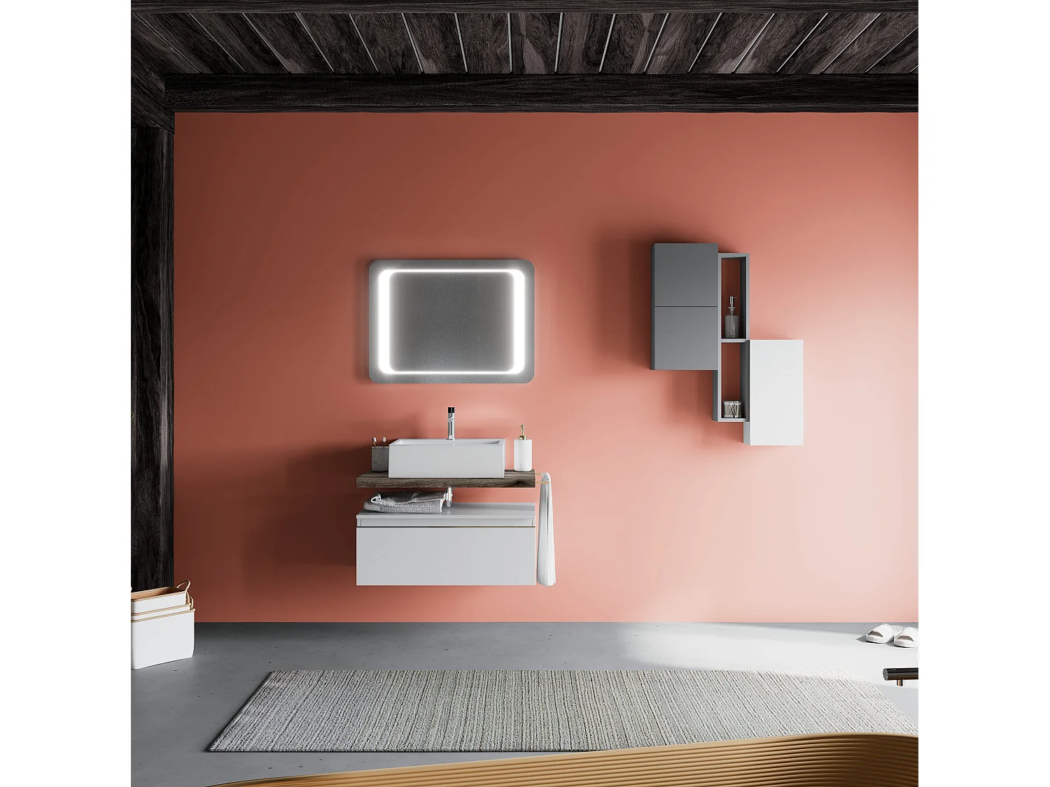 Armoire De Toilette Suspendue 80Cm Tiroir Blanc, Plan En Chêne Fossile, Lavabo | Lagos