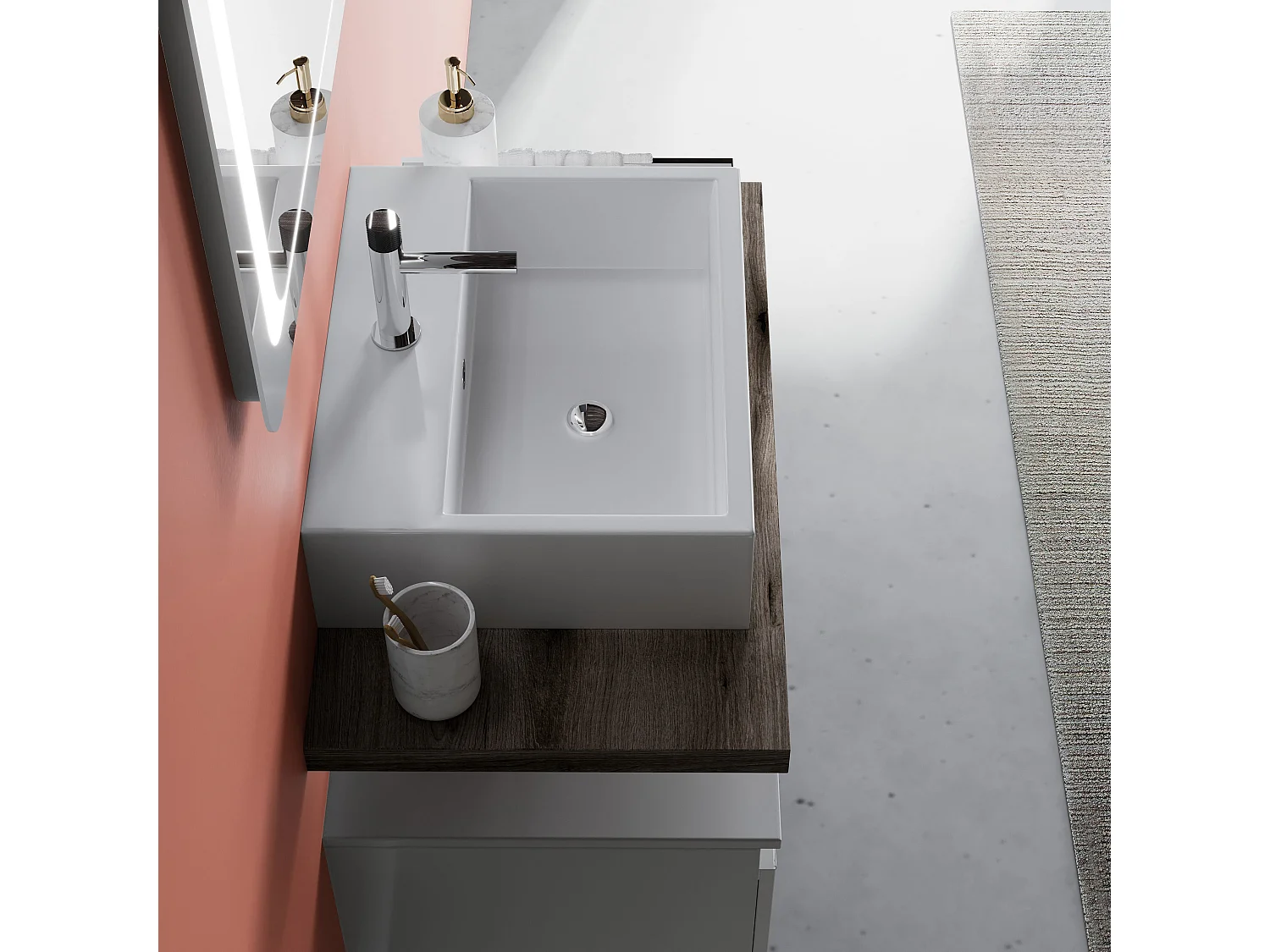 Armoire De Toilette Suspendue 80Cm Tiroir Blanc, Plan En Chêne Fossile, Lavabo | Lagos