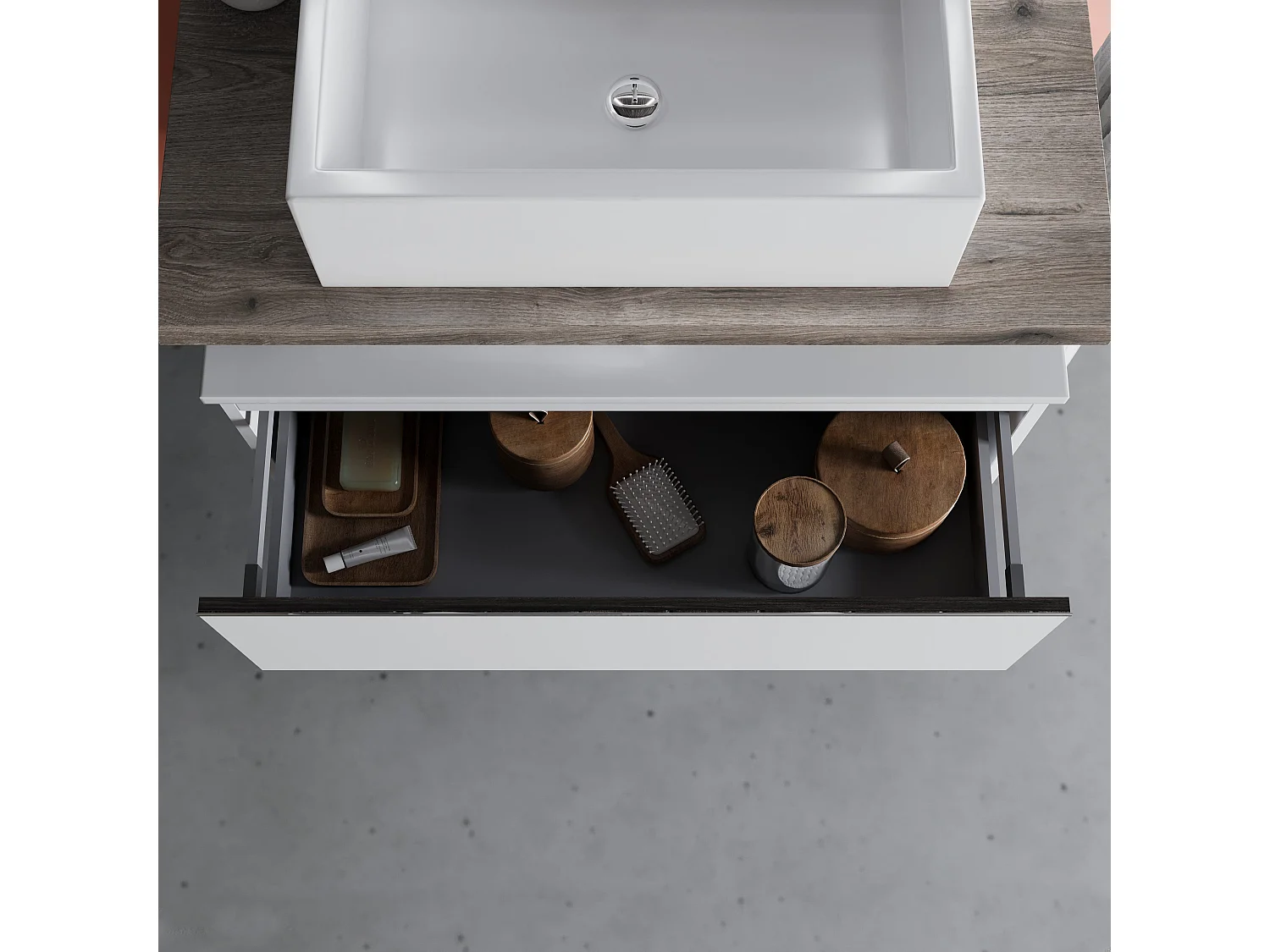 Armoire De Toilette Suspendue 80Cm Tiroir Blanc, Plan En Chêne Fossile, Lavabo | Lagos