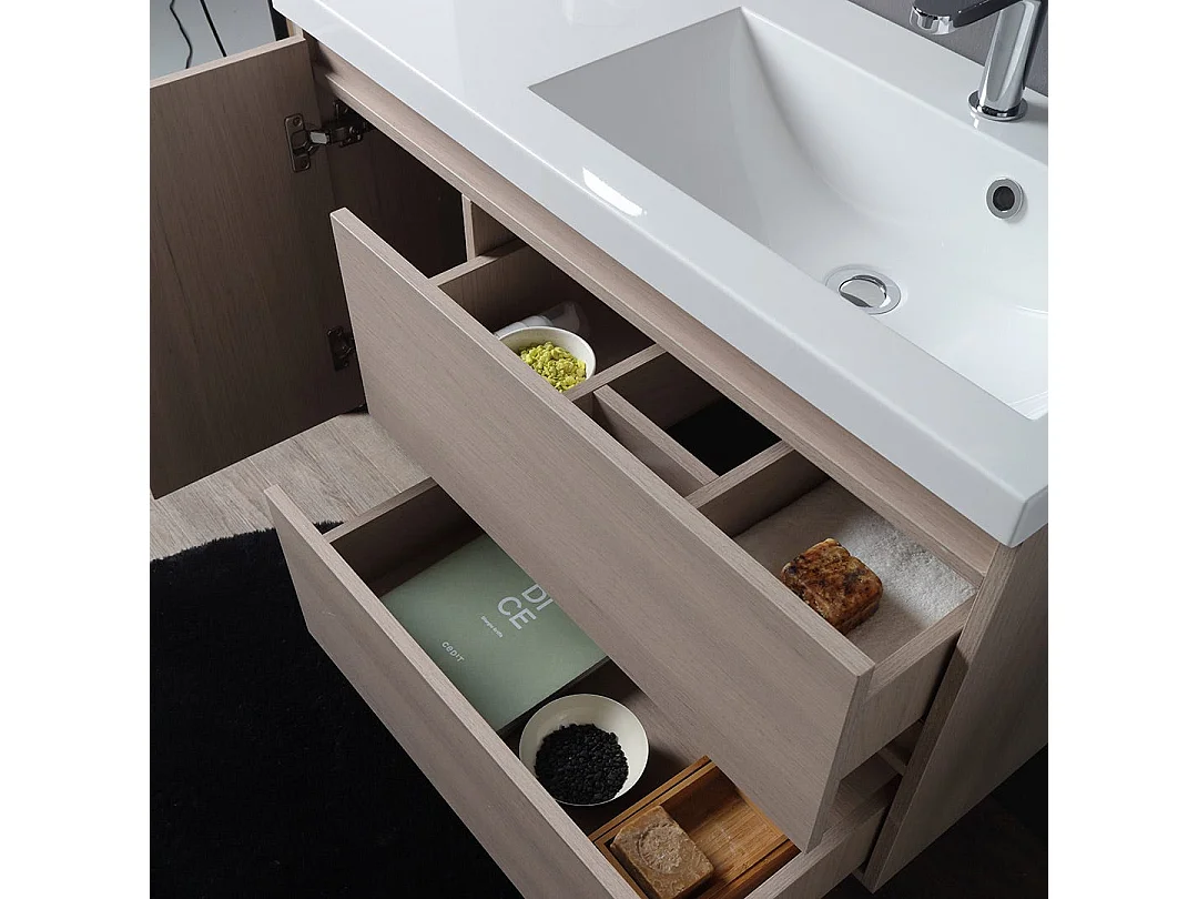 Meuble De Salle De Bains Suspendu En Orme De 90Cm Avec Lavabo Décentré À Droite | Malaga